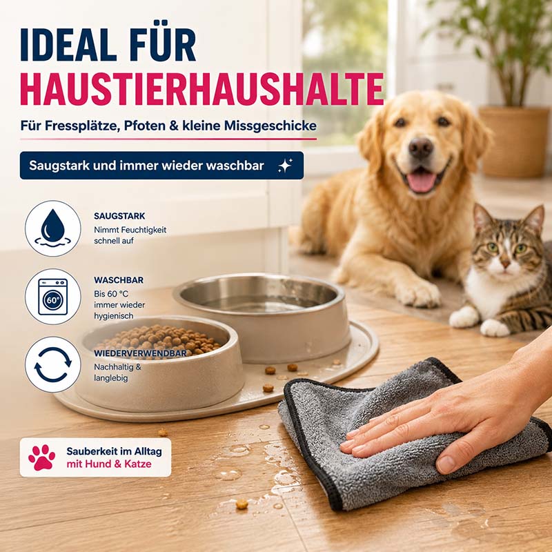 Flauschtücher 10tlg, saugstark und waschbar, ideal für Haustierhaushalte, reinigt Fressplätze und kleine Missgeschicke, wiederverwendbar bis 60°C