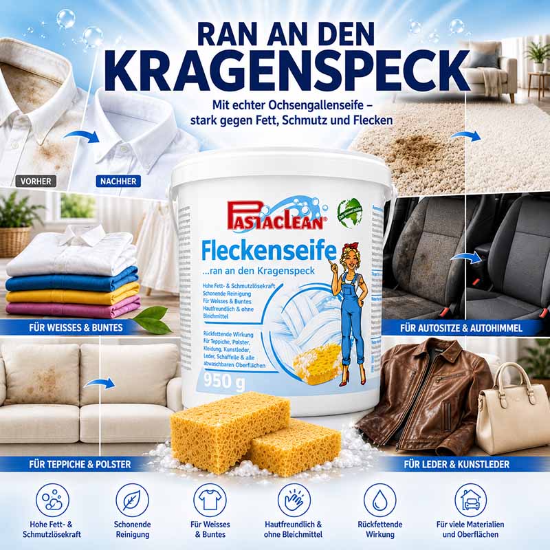 Pastaclean Fleckenseife, Oxengallenseife, gegen Fett, Schmutz, Flecken, für Kleidung, Teppiche, Autositze, hautfreundlich, rückfettend, für weißes und buntes, Ledertaschen, vielseitige Reinigung, 950g, sanft, stark lösend.