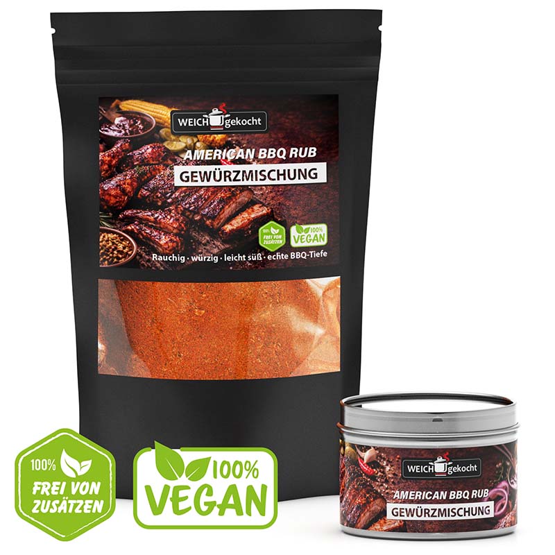American BBQ Rub Gewürze Set 100g, vegan, rauchig-würzig, süß, BBQ-Würzmischung, ohne Zusatzstoffe, Dose und Beutel.