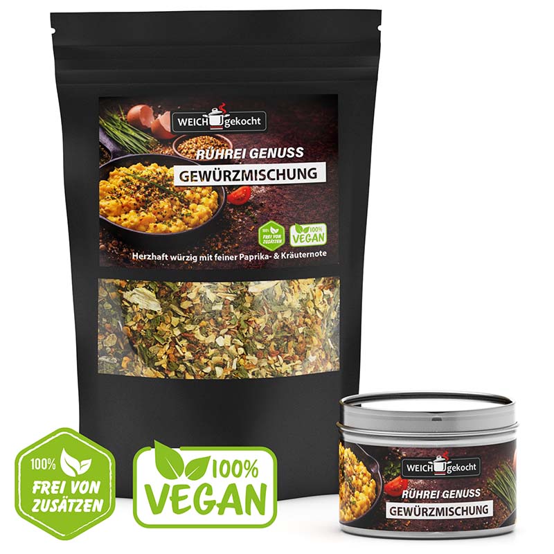 Rührei Gewürze Set, Würzmischung 100 g, vegane Gewürze, herzhaft würzig, Paprika- und Kräuternote, frei von Zusätzen, inklusive Dose, ideal für vegane Küche, Rührei Verfeinerung, hochwertiges Gewürzset, Kochzutaten, Aroma, Geschmack, Weichgekocht.