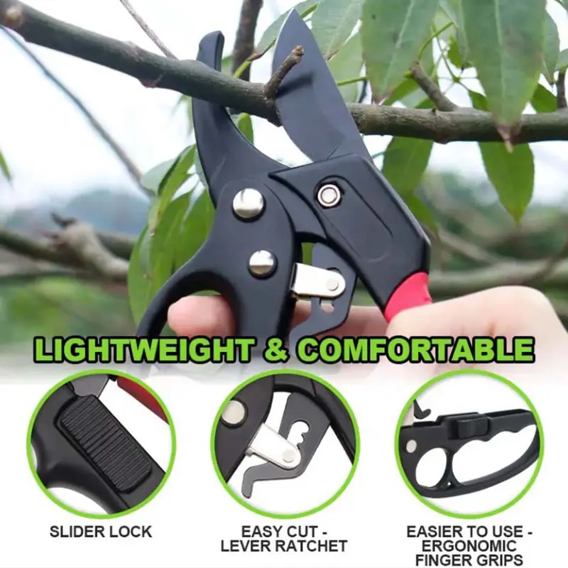 GREEN-FINGER Gartenschere mit Ratsche aus Carbon Stahl, Teflon beschichtet, für einfaches Schneiden von Ästen und Pflanzen, ergonomische Griffe, leicht und komfortabel in der Handhabung