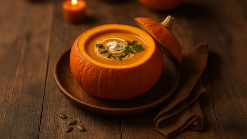 Kürbissuppe Rezept mit Hokkaido 🎃 im Kürbis serviert
